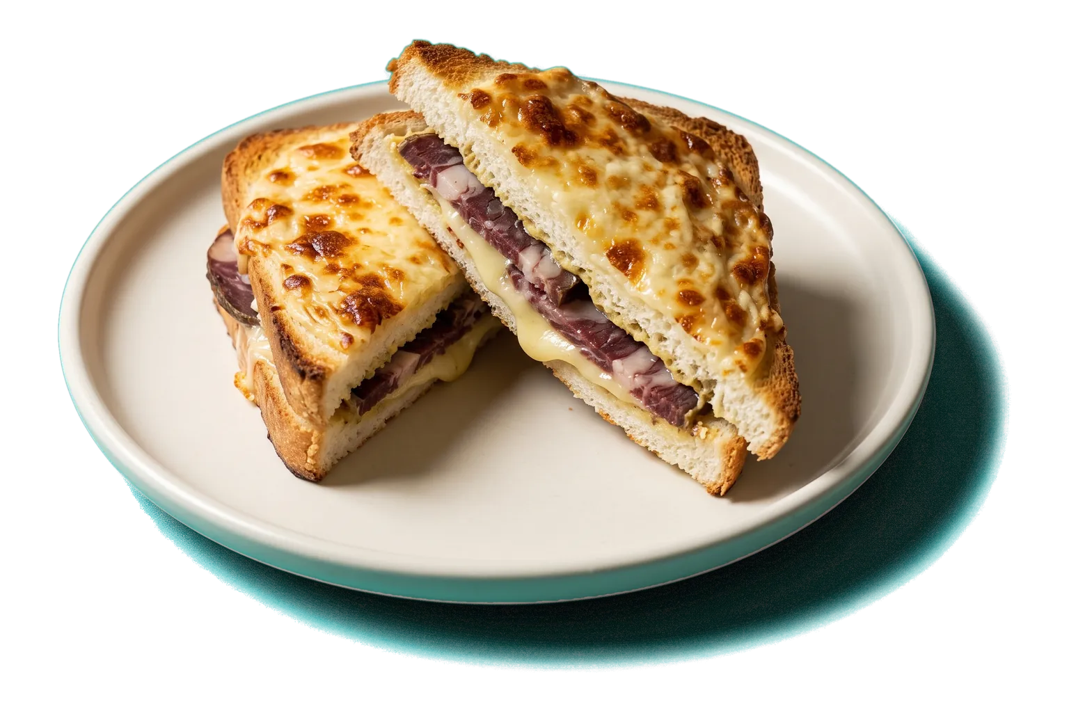 A croque monsieur cut in half: thin slices of kazy between slices of toasted bread, with a golden crust of cheese and sauce on top