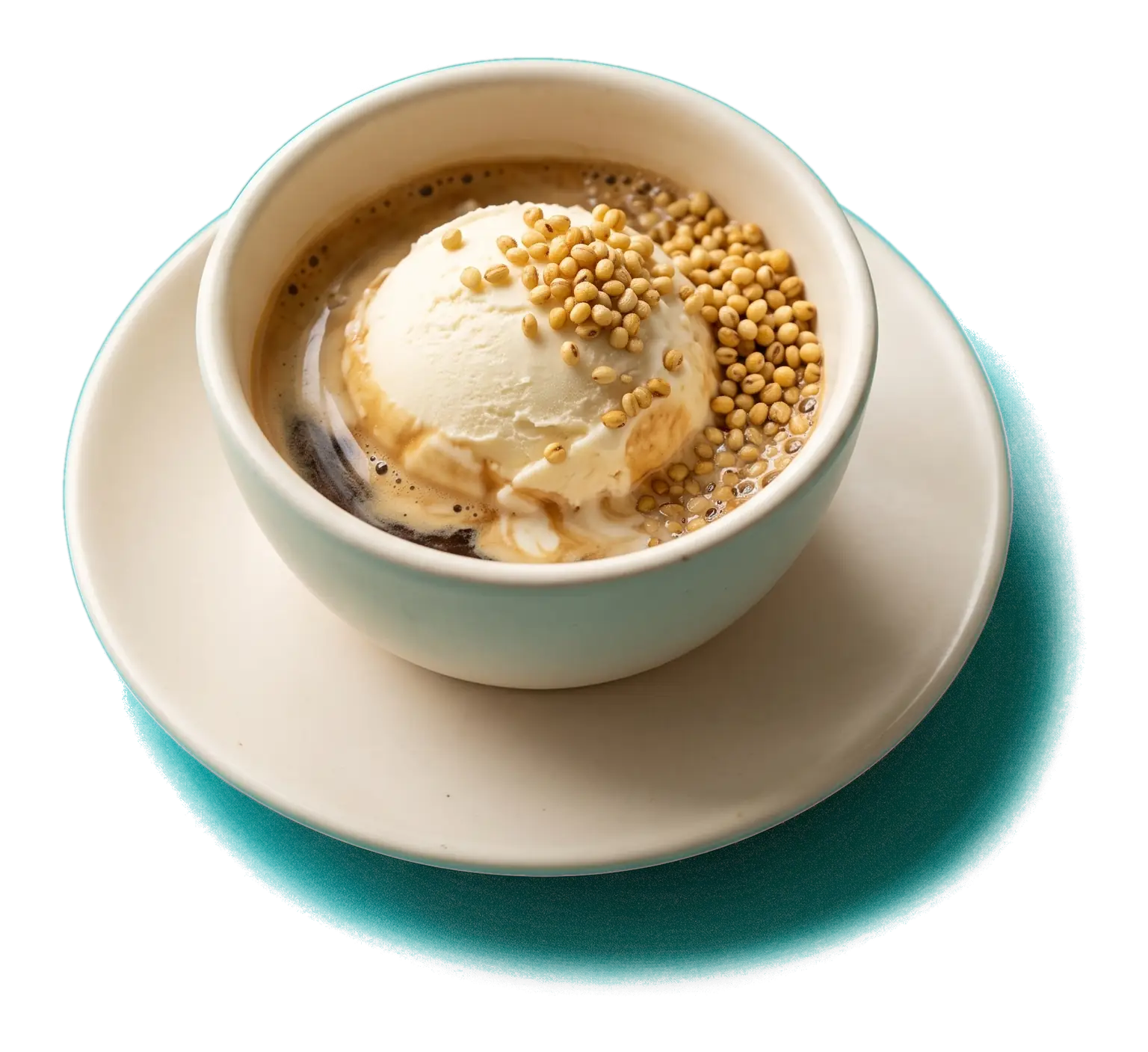 A cup holding a scoop of plombir under espresso, scattered with roasted millet