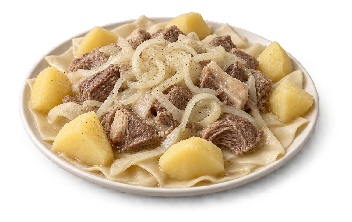 Pieces of boiled meat on sheets of dough with potatoes and onion on a large flat platter