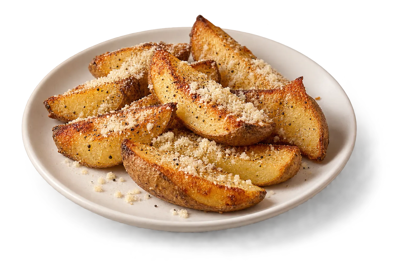 Запечённые дольки картофеля в кожуре, посыпанные тёртым куртом, на простой светлой тарелке